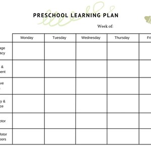Könnte beinhalten: Eine schwarz-weiße druckbare Vorlage für einen Vorschul-Lernplan mit dem Titel "Vorschul-Lernplan" und Überschriften für "Thema", "Woche von", "Montag", "Dienstag", "Mittwoch", "Donnerstag" und "Freitag". Die Vorlage enthält Kategorien für "Sprache & Literacy", "Musik & Bewegung", "Kreative Künste", "Sensorik & Wissenschaft", "Feinmotorik" und "Grobe Motorik & Outdoor".