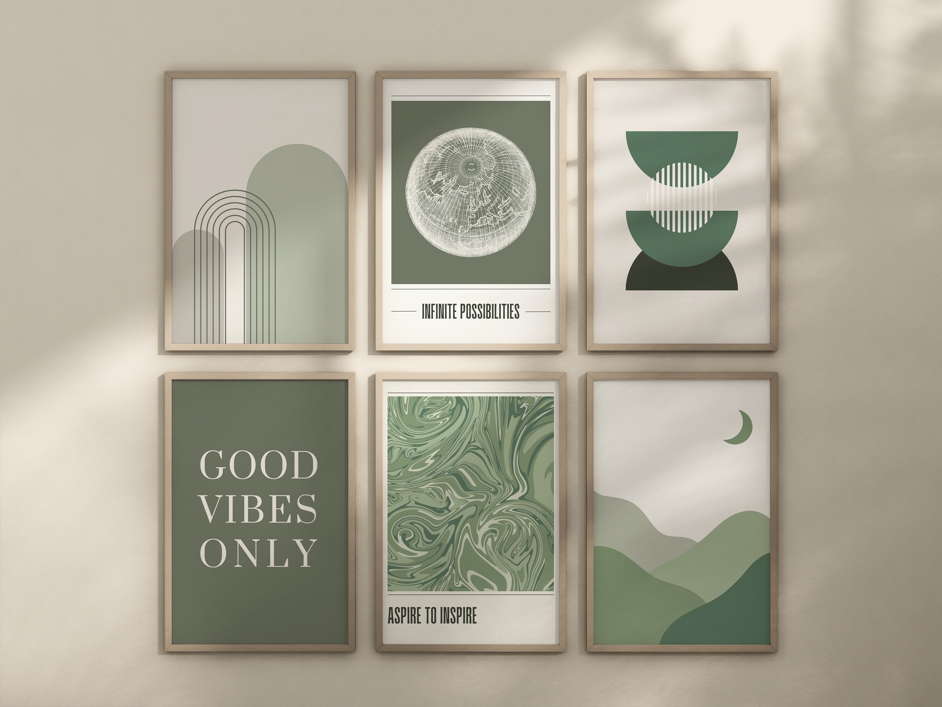 Sage Green Wall Art, Set of 6, Sage Green and Beige Art, Trendy