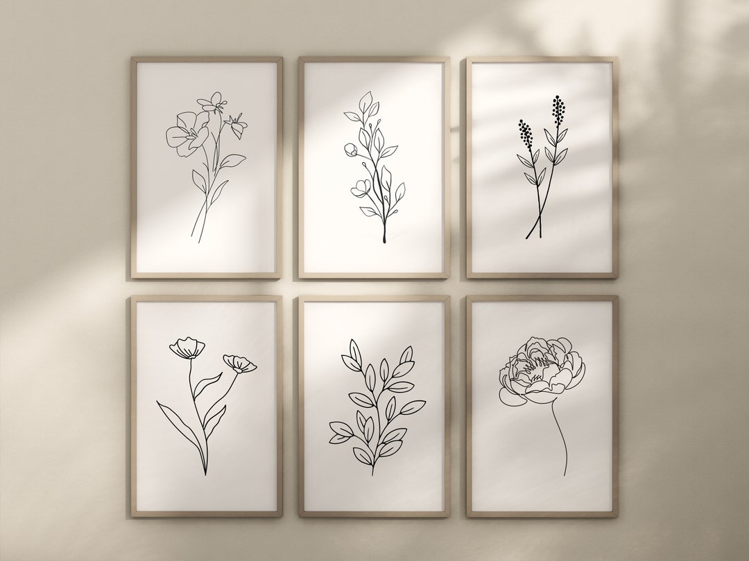 Floral Line Art Print Set: Trendy Botanical Wall Decor (digital ...