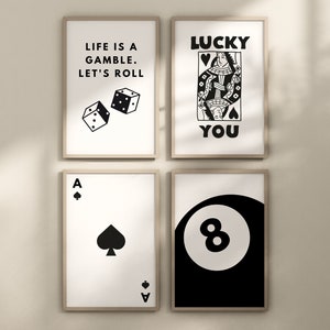 Juego de 4 carteles de pared con diseño de casino, arte mural de casino, carteles de pared en blanco y negro de moda, impresiones minimalistas