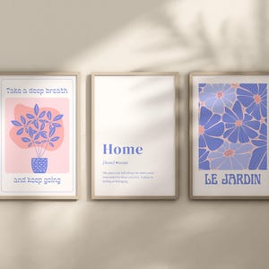 Blauwe muurkunst, set van 3 prints, blauw, wit en roze muurkunst, trendy blauwe prints, blauw decor