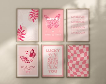 Pink Gallery Wall Art Prints, Trendy Posters Set of 6 (Digital Download)