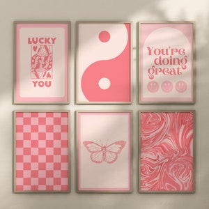 Arte de pared rosa, juego de 6 impresiones, impresiones de pared rosa claro, carteles rosas de moda