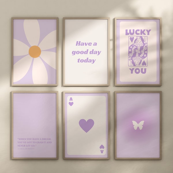 Purple Wall Art Set of 6, Lilac Gallery Wall Prints, Digital Download, Lilac Trendy Aesthetic Wall Posters Purple Retro Inspired Wall Decor