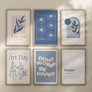 Blauwe muurkunst, set van 6 prints, blauw-witte muurkunst, trendy blauwe prints, blauw decor