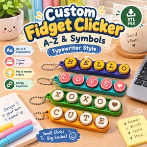 Könnte beinhalten: Vier individuelle Fidget-Clicker-Schlüsselanhänger mit Tasten im Schreibmaschinenstil, jeweils mit einer andersfarbigen Basis und Buchstabenkombinationen, die HELLO, LOVE, XOXO und CUTE bilden. Inklusive Metallkugelkette und runden Tasten.