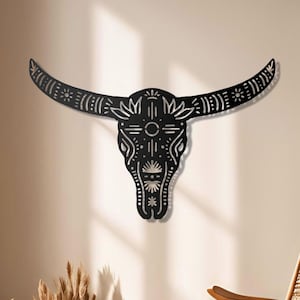 Rustic Bull Skull Metal Wall Art, Gift For Him, Valentines Day, Texas Cattle Head, Western Sign Decor, Animal Portrait, Gold Metal Decor