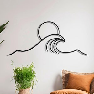 Arte de pared de metal con sol y olas, arte de pared de metal con sol grande, decoración de atardecer, decoración del hogar, arte de pared con amanecer, decoración sobre la cama, decoración de pared de metal moderna