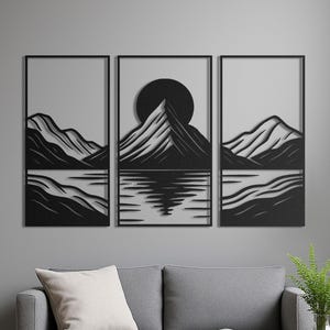 Mountain Sunrise Metal Wall Art Set of 3 Panels, Large Landscape Wall Decor, Minimalist Nature Triptych, Modern Wall Hanging for Living Room