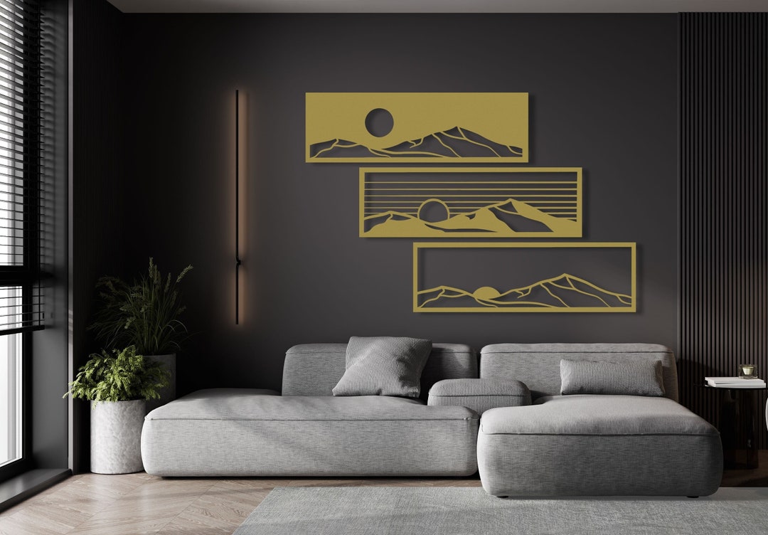 Set of 3 Sunrise Metal Wall Art, Large Gold Wall Art, Mountains Wall