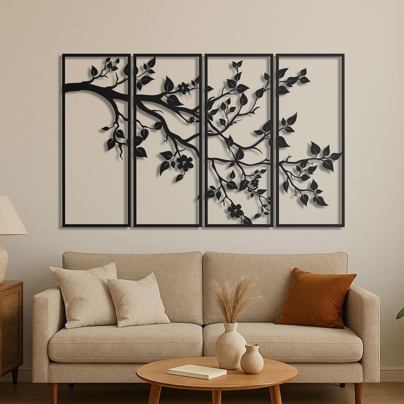 Oversized Tree Branch Metal Wall Art – 4 Panel Statement Wall Decor for ...
