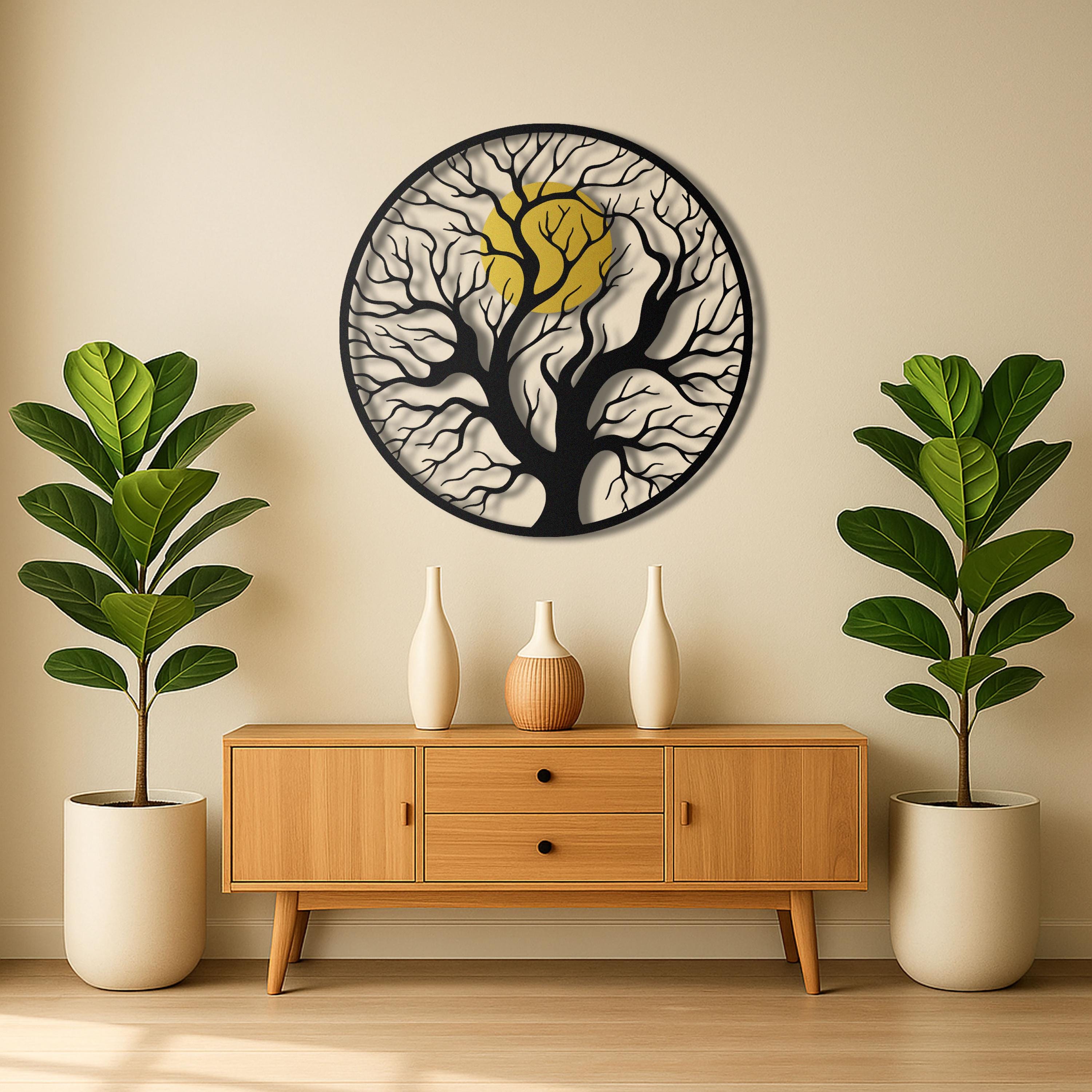 Tree of Life Metal Wall Art – Large Round Black Design With Gold Sun - Etsy