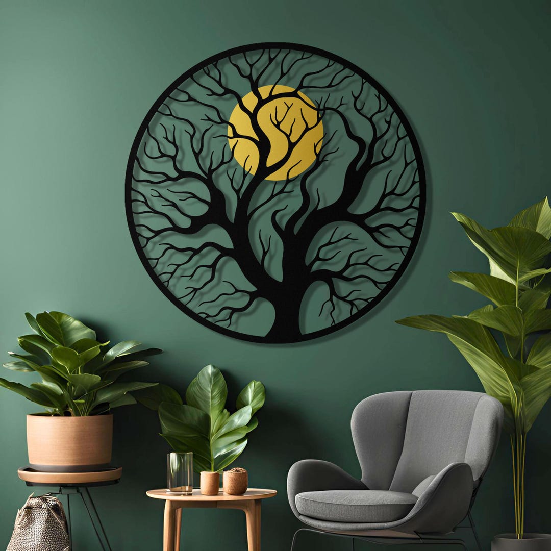 Tree of Life Metal Wall Art – Large Round Black Design With Gold Sun - Etsy