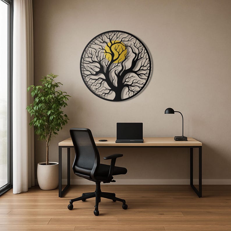 Tree of Life Metal Wall Art – Large Round Black Design With Gold Sun - Etsy