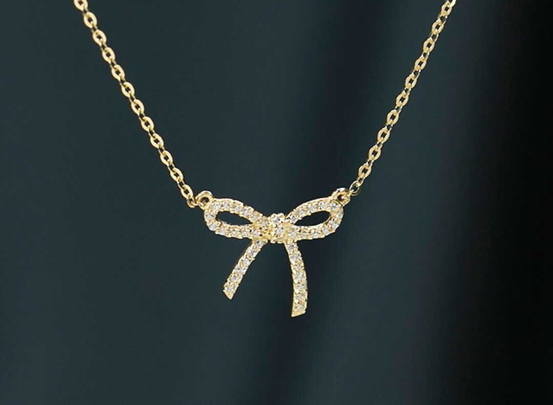 14K Gold Bow Necklace Gold Bow Necklace Gold Bow Charm Real - Etsy