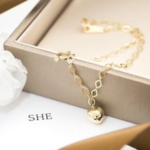 14K Gold Heart Bracelet: Minimalist Chain Stacking Bracelet