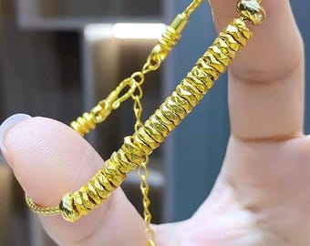 Bracciale a fascia liscia in oro puro 24 carati con perline, bracciale a fascia liscia in oro 999 con perline, bracciale a fascia intrecciata in oro 24 carati con perline e texture