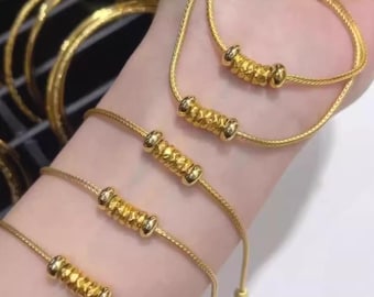 Bracciale a fascia liscia in oro puro 24 carati, bracciale a fascia liscia in oro 999, bracciale a fascia intrecciata in oro 24 carati con perline.