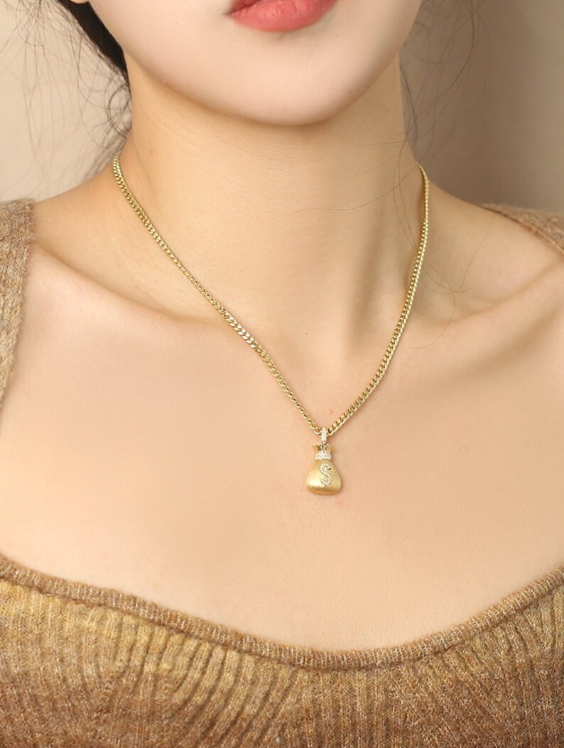 18K Gold Pendant, Money Bag Pendant, Gold Dollar Pendant, Real Gold