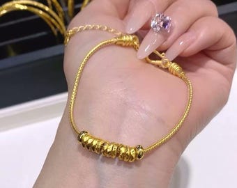 Bracciale a fascia liscia in oro puro 24 carati, bracciale a fascia liscia in oro 999, bracciale a fascia intrecciata in oro 24 carati con perline.