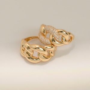 14K Gold Chain Link Ring: Chunky Stacking Ring with CZ