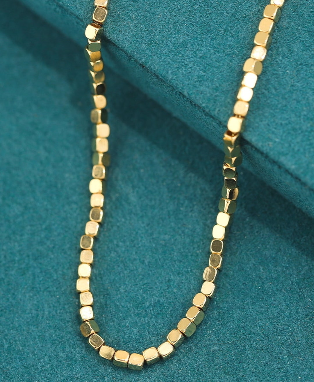18K Gold Necklace, Gold Cube Necklace, Gold Cube Beads Necklace