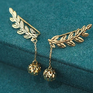18K Gold Olive Branch Dangle Earrings: Real Gold Leaf Design