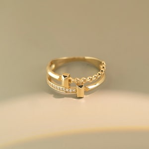 14K Gold Double Band Ring: CZ Stacking Ring