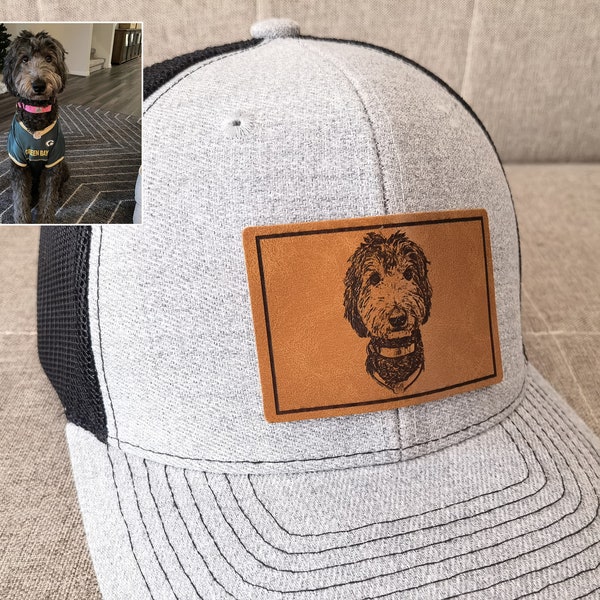 Chapeau gravé en cuir personnalisé pour animal de compagnie ou portrait humain | casquette de camionneur des douanes | Chapeau avec empiècement en cuir | Photo sur le chapeau | Amoureux des animaux de compagnie | Offrez-lui un cadeau