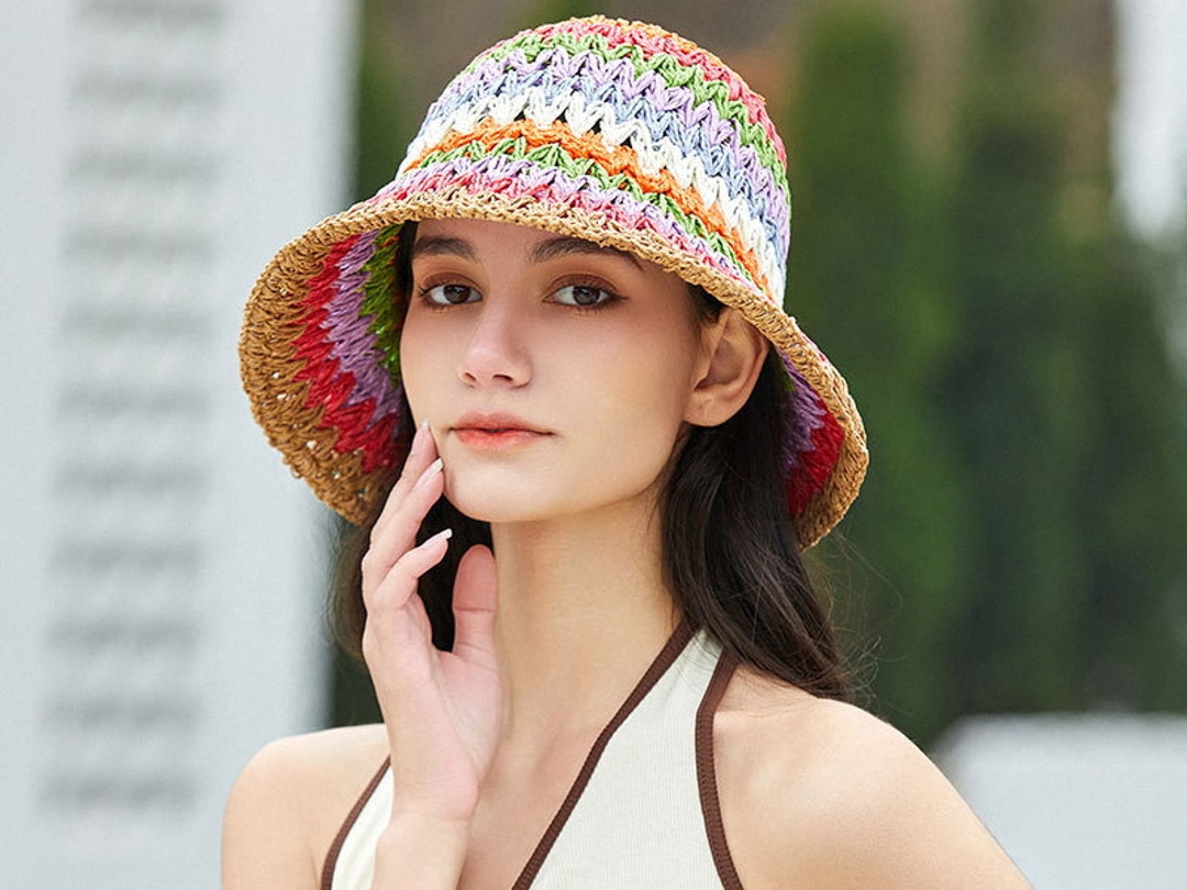 Rainbow Straw Hatsun Hat Womensun Hatbeach Hatstraw Beach Etsy