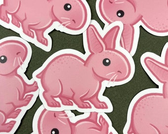 May include: Five pink rabbit stickers with white outlines. The rabbits have small black eyes and whiskers. The stickers are on a green background.