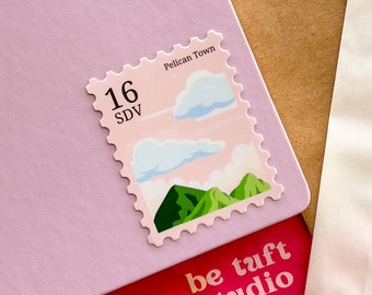 Pelican Town Pink Skies | Stardew Valley Stamp Sticker | 2.5" Vinyl Stickers for Laptop, Water bottle, Notebook