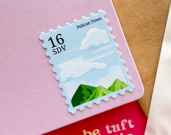 Pelican Town Blue Skies | Stardew Valley Stamp Sticker | 2.5" Vinyl Stickers for Laptop, Water bottle, Notebook