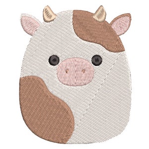 Può includere: Una mucca bianca e marrone con occhi neri e un naso rosa. La mucca è in stile cartone animato e ha un aspetto cucito.