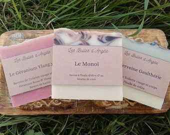 Selection of the soap maker-Geranium-Ylang ylang-Monoï-Wintergreen verbena-Lot of handmade soaps-French craftsmanship-Organic