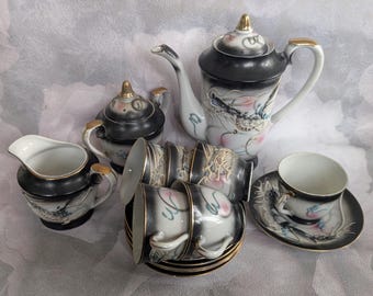 Antique 1920s Japanese Tea Set: Dragon Design, Geisha Lithophane Cups
