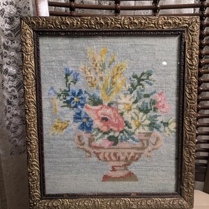Needlepoint Flower Art – Framed Embroidered Floral Wall Decor 1960