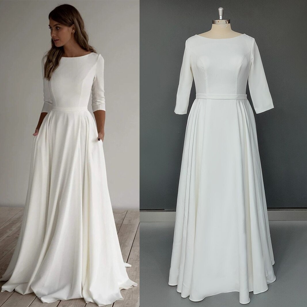 Simple Wedding Dress Long Sleeves A Line Crepe Boat Neck - Etsy