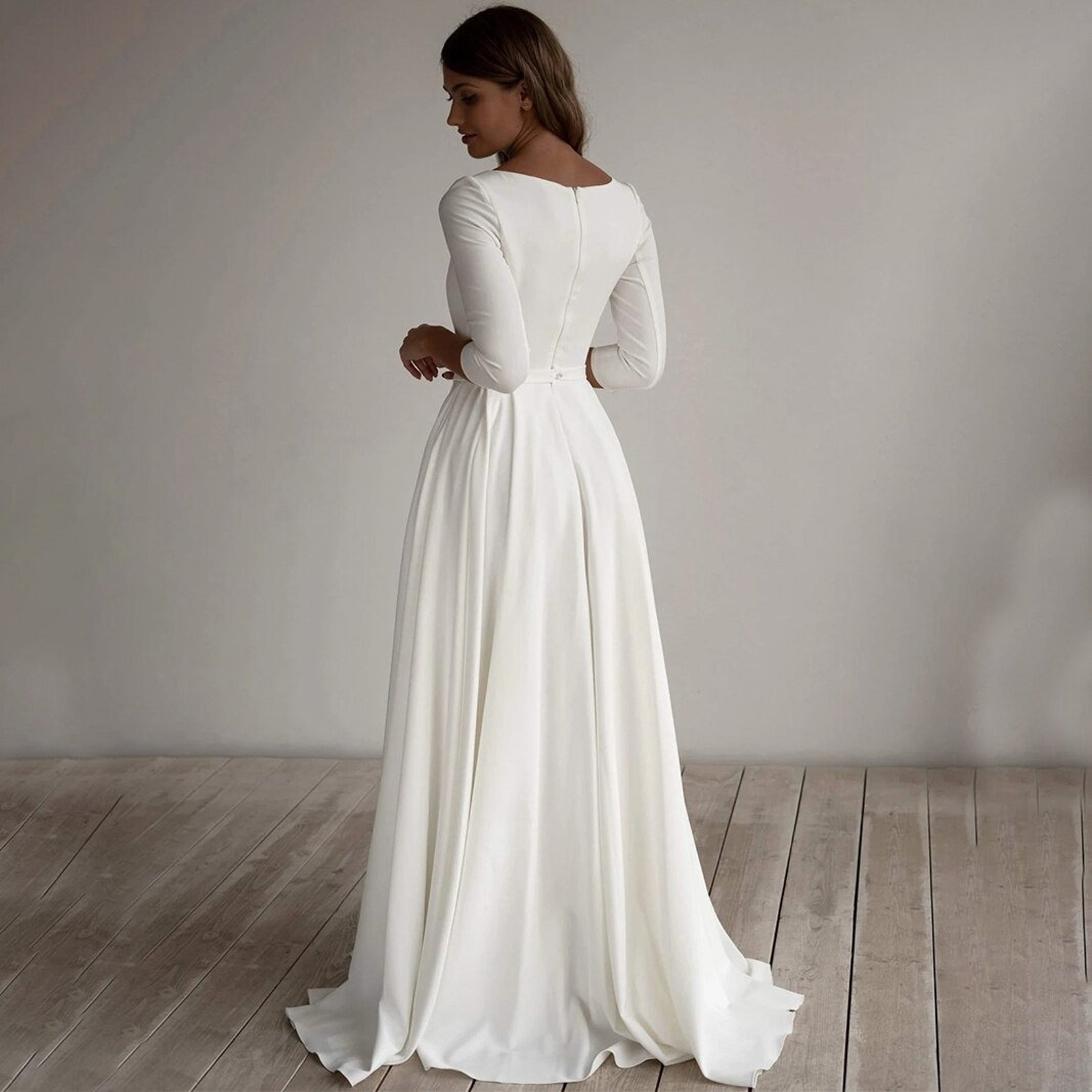 Simple Wedding Dress Long Sleeves A Line Crepe Boat Neck - Etsy