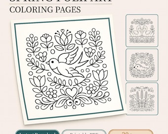 Spring folk art coloring book of 30 bold & easy PDF pages | Digital download