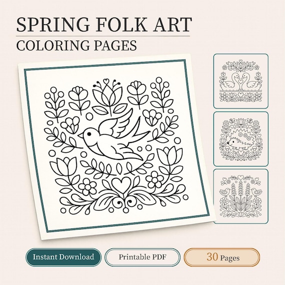 Spring folk art coloring book of 30 bold & easy PDF pages | Digital download