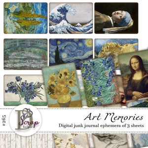Cartões de diário de lixo de arte vintage para impressão de 3 folhas, cartões ATC Van Gogh Claude Monet Mona Lisa, suprimentos de diário de lixo de pintura clássica #265