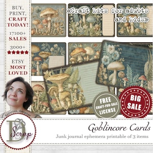 Conjunto de cartões de diário digital Goblincore 27 ATC Vintage cogumelos e musgos efêmeros Etiquetas de diário de coleta Imprimíveis de bruxas Tons de terra #1211