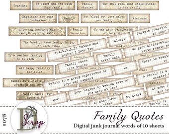 Vintage family junk journal inspirational words of 10 sheets Family words Family qoutes Family phrases junk journal supplies #078