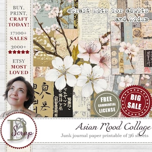 Descarga de papeles de collage japoneses, 36 hojas, arte de la cultura asiática, póster de collage japonés, impresión digital de flor de cerezo, álbum de recortes de Sakura, manualidad n.° 1048