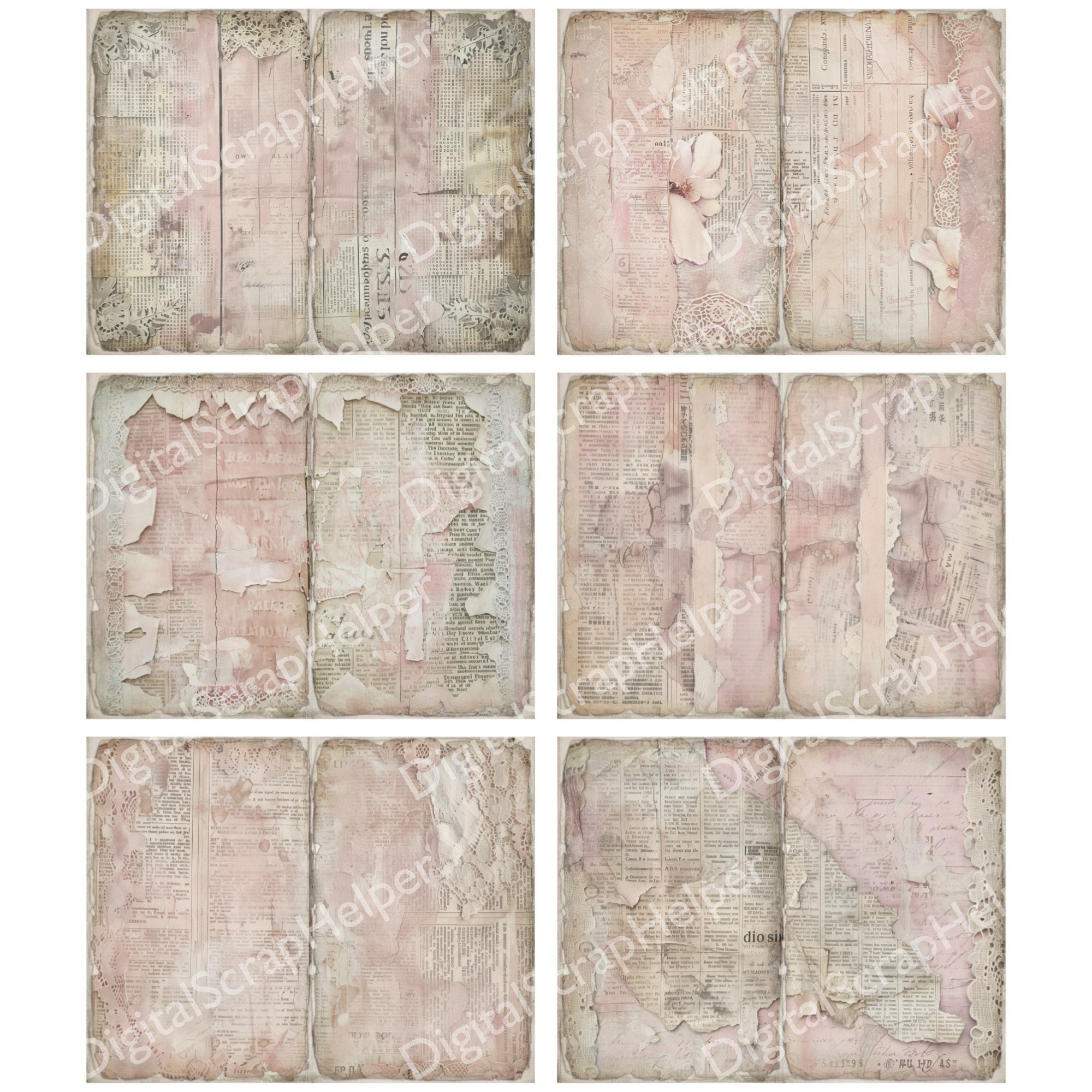 Pink Shabby Junk Journal Pages Printable of 48 Sheets Vintage Basic ...