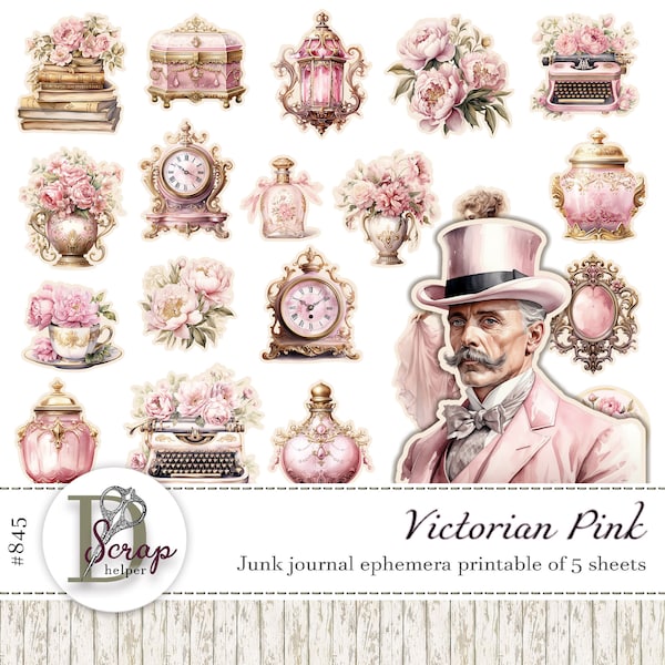 Pink Victorian fussy cuts ephemera printable of 5 sheets Pink antique Vintage Shabby chic Cottagecore Jane Austen journal supplies #845