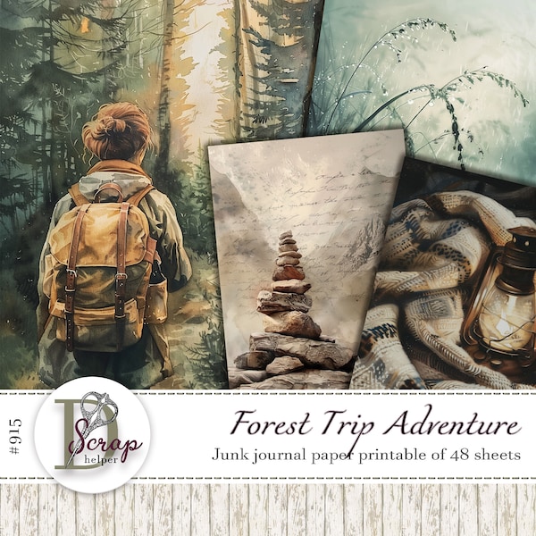 Forest trip junk journal paper pack of 48 sheets Nature Camping Hiking Woodland Wildlife Mountains Serenity Travel journal supplies #915