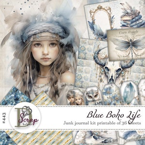 Kit imprimible de diario basura bohemio azul, 36 hojas, atrapasueños azul boho, mandala azul y dorado, suministros para diario mágico inspirador n.° 443