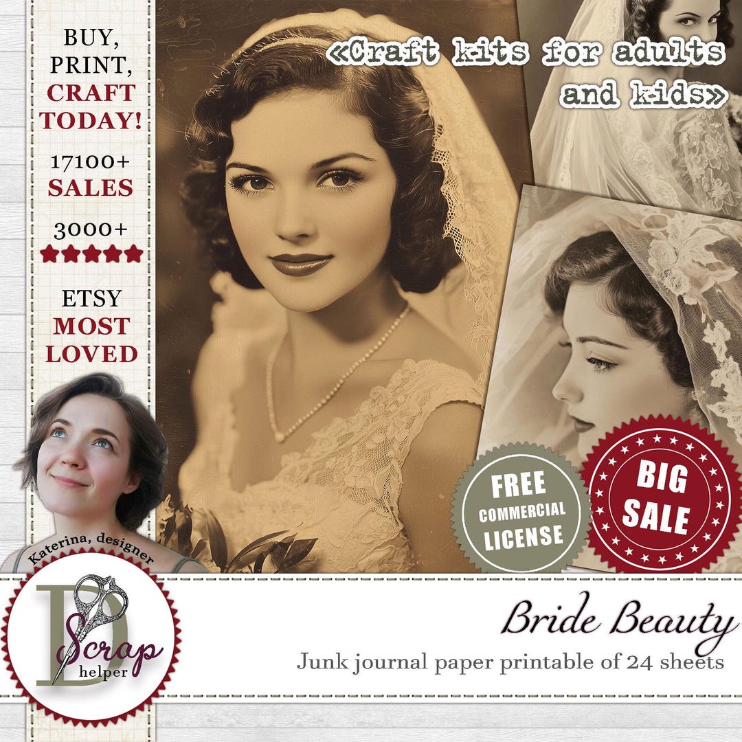 エレガントな花嫁のポートレート、ジャンクジャーナル用のヴィンテージ